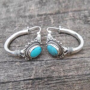 Vintage Ethic Style Hoop Earrings Embellished With Turquoise Alloy Jewelry Uniqu